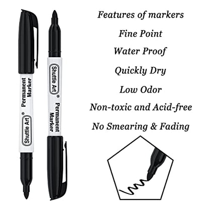 Shuttle Art 100 Pack Black Permanent Markers, Fine Point Permanent Marker Pens Set Perfect on Plastic, Wood, Stone, Metal and Glass for Doodling, Writing, Marking, Office School Supplies