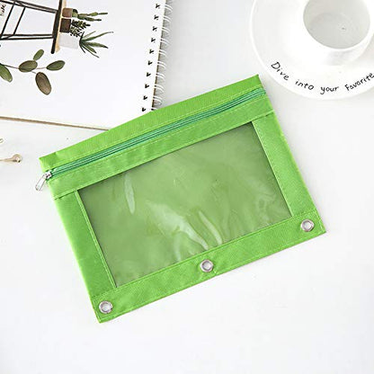 Zippered Pen Pencil Binder Pouch | 3 Rings with Clear Window for School Classroom Organizers 8 Pcs (Green) - color: Green