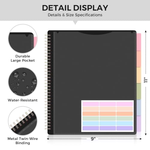 SKYDUE 12 Pocket Organizer, Spiral Multi Pocket Folder Binder with Dividers, Black Organize Notebook - color: Black
