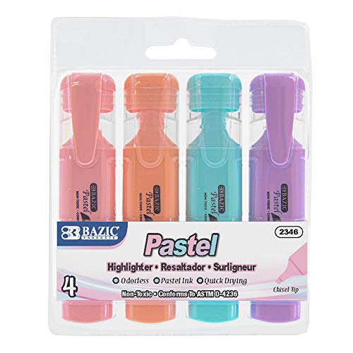 BAZIC PRODUCTS Pastel Highlighters, Odorless, Chisel Tip, Clip, 24-Box | Quick-dry, assorted pastel highlighters, odorless ink, pocket clip, non-toxic, ASTM D-4236 - size: 1 Count (Pack of 24)