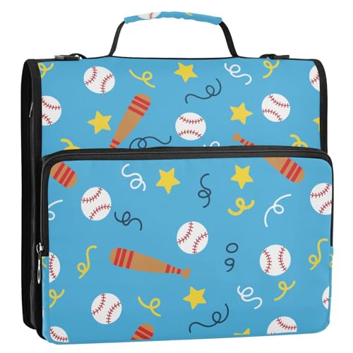 Baseball Star Blue Pattern 3 Ring Zipper Binder with Shoulder Strap & Handle 1.5 Inch D-Ring Zippered Bag with Pencil Pouch,Expanding File Folder, Binder Organizer for School or Office - color: Baseball Star Blue