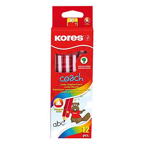 Kores Jumbo Graphite Pencils for Kids - Coach, Soft HB Lead With Eraser Tip, Ergonomic Shape - School Supplies, Set of 12