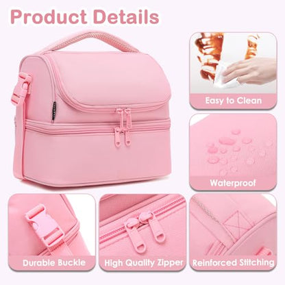 FlowFly Double Decker Cooler Insulated Lunch Bag Large Tote for Boys, Girls, Men, Women, With Adjustable Strap,Pink - color: Pink#All