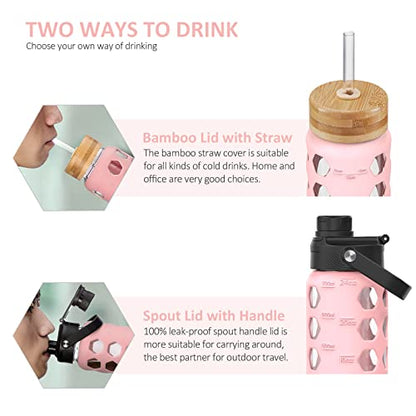 MUKOKO 24oz Glass Water Bottle, Pink | Glass Tumbler with Straw, Drinking Bottles with 2 Lids-Handle Spout Lid & Bamboo Straw Lid, Silicone Sleeve, 1 Pack - color: Pink, size: 24 Ounces
