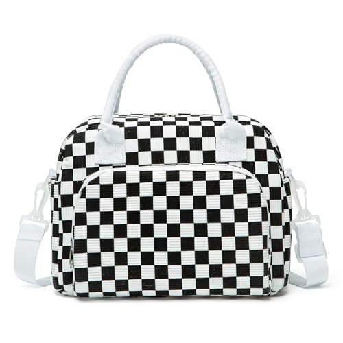MEXS Insulated Lunch Bag for Women Men Large Reusable Lunch Box Adult Leakproof Portable Cooler Tote Bags for Work Picnic - color: Black White Checked