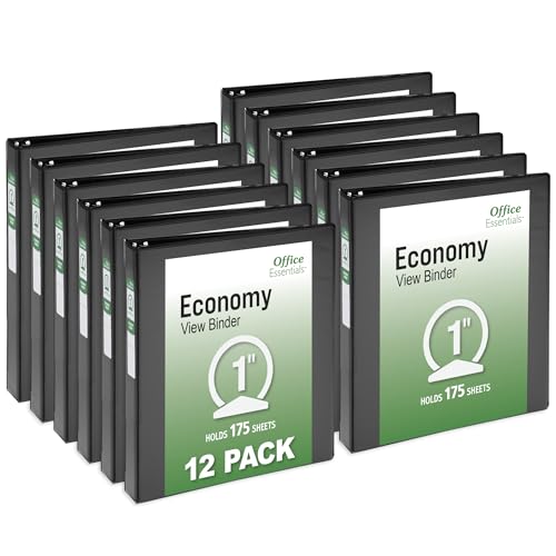 Office Essentials Economy View 3 Ring Binders, 1" Round Rings, 1.4" Spine, 175-Sheet Capacity, Black Binders (12-Pack of 03425) - size: 1"