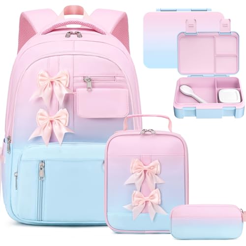 Bevalsa Backpack for Girls, Bow Kids Backpack with Bento Lunch Box, Insulated Bag & Utensils, 34oz Lunch Containers, Cute School Bookbag for Children Teens for Elementary Middle Student (Pink Blue) - color: Pink Blue