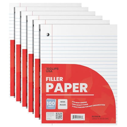 Wide Ruled Loose Leaf Paper Wide Ruled Notebook Paper Lined Writing Filler Paper 10.5” x 8” 56 gsm 600 Sheets 100 Sheet Per Pack (6 Pack) - size: 6 Pack