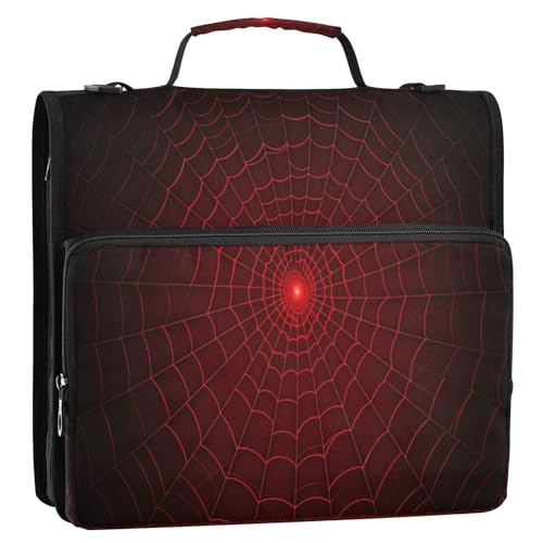 Red Spider Web Zipper Binder 3 Ring with Shoulder Strap and Handle Multiple Pockets Expanding File Folder Organizer