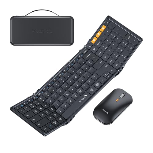 ProtoArc XKM01 Full-Size Foldable Keyboard Mouse Combo for Travel - Black | 105-key keyboard, slim mouse, hard case and phone stand; 3-device Bluetooth & 2.4G switching, for travel office use - color: Black