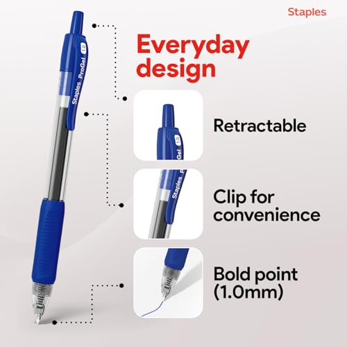 Staples Retractable Gel Pens, Bold Point 1.0mm, Blue Ink, 12 Pack – ProGel Smooth‑Flow Pens for Office & School Use - color: Blue, size: 12 Pack, style: Bold Point