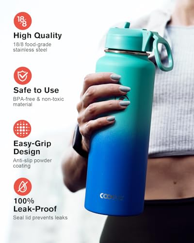 Coolflask 40 oz Water Bottle Insulated with Straw & 3 Leakproof Lids | Water Flask Stainless Steel Triple-Wall Vacuum,Cold 48+h,Dishwasher Safe,Wide Mouth, BPA-Free,Carrier Bag,for Gym,Hiking - color: Pacific Prince, size: 40 Ounces