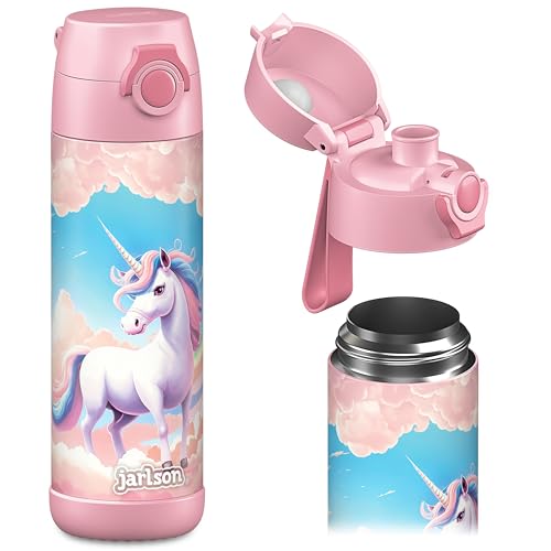 Jarlson® Kids Water Bottle MALI [18OZ] - No Straw Stainless Steel Thermo Bottle - Insulated Waterbottle Leak Proof for School & Sports - Thermo Tumbler for Boys & Girls (Unicorn) - color: Unicorn Pink, size: 18 Ounces