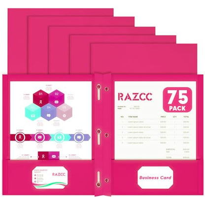 Two Pocket Folders, RAZCC 75 Pack Two Pocket Folders with Prongs, 3 Prong Folders Fit Letter Size Paper, Pocket File Folders for School Office Home Business, Magenta - color: Magenta