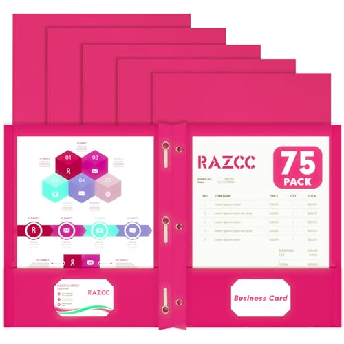 Two Pocket Folders, RAZCC 75 Pack Two Pocket Folders with Prongs, 3 Prong Folders Fit Letter Size Paper, Pocket File Folders for School Office Home Business, Magenta - color: Magenta