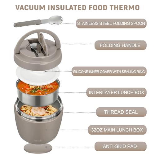 wiwens Thermo Food Jar for Hot Food Adults 32OZ Soup Thermo Lunch Containers Wide Mouth Vacuum Insulated Stainless Steel Leakproof Bento Box with Spoon (Khaki) - color: Khaki