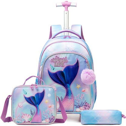 Kids Rolling Backpack for Girls Trolley Suitcases Luggage Travel with Wheels Bookbag Wheeled 17" 3PCS Roller Backpacks Toddler Back Pack School Bags Set for Elementary Mermaids Sky Blue - color: 5225-yuweiba-sky Blue