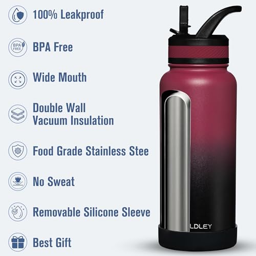 OLDLEY 32 oz Insulated Water Bottle With Straw, Stainless Steel Sports Water Cup Flask with 3 Lids(Straw, Spout and Handle Lid) Double Walled Travel Thermal Canteen Mug,Dark Rainbow - color: Dark Rainbow, size: 32 Ounces