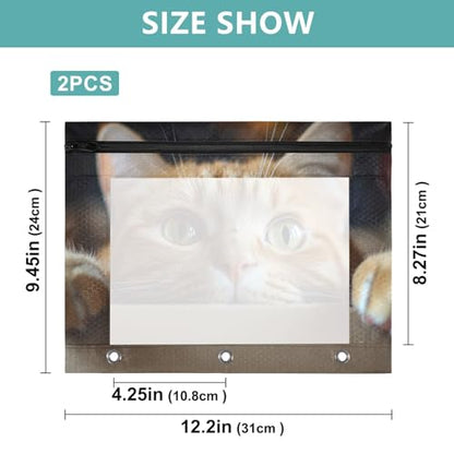 Pencil Pouch for 3 Ring Binder Orange Cat 2 Pack Large Pencil Case Pouch with Zipper & Grommets, Clear Binder Bag, School Office Supplies