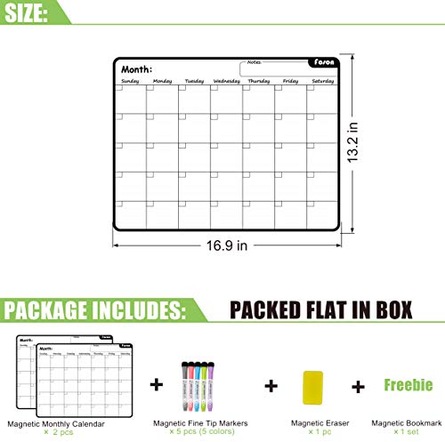 Magnetic Dry Erase Monthly Calendar, White and Black, 2 Pack | 0.8mm thick magnet, stainproof PET, 10000 erases, 2-pack calendar kit with markers, eraser, bookmarks, eco fridge planner - color: Monthly White&black X 2pcs