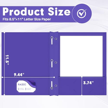 Two Pocket Folders, RAZCC 50 Pack Two Pocket Folders with Prongs, 3 Prong Folders Fit Letter Size Paper, Pocket File Folders for School Office Home Business, Purple - color: Purple