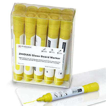 Yellow Glass Window Markers,Bold Wet & Dry Erase Marker Pens for Whiteboards,Reversible Dual-Tip Design Liquid Chalk Markers for Non-Porous Surfaces(Yellow, 10 Pack)