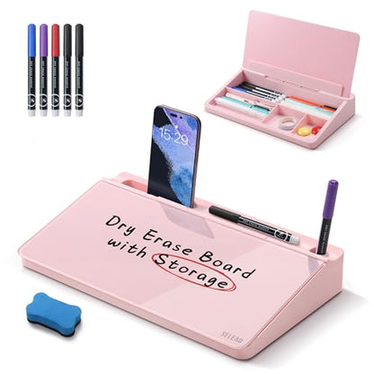 SELEAD Desktop Glass Whiteboard with Storage, Small Dry Erase White Board Computer Pad Keyboard Stand for Home, School, Office Desk Accessories - Pink - color: Pink