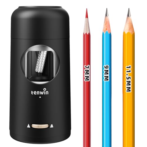 tenwin Rechargeable Electric Pencil Sharpener, Fully Automatic Pencil Sharpener for 7-11.5mm Pencils, Hands-Free Sharpener for Colored Pencils, Auto in&Out, Adjustable Pencil Nibs, Black - color: Black