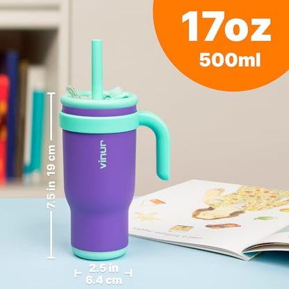 VINUR Kids Insulated Tumbler with Lid and Straw 17 oz-Spill Proof& Leak Resistant-Stainless Steel Vacuum Tumbler Travel Mug with Handle & Silicone Base-Cup Holder Friendly, Purple - color: Purple, size: 17 Ounces