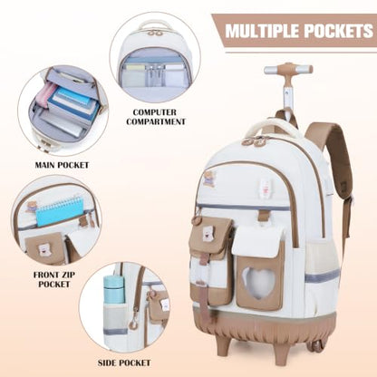 ACESAK Rolling Backpack for Girls - Roller Wheels School Bookbag with Lunch Bag & Pencil Pouch for Teen Girls Kids Wheeled Suitcase Backpacks, Elementary Middle School Travel Daypack (Khaki White) - color: Khaki-white
