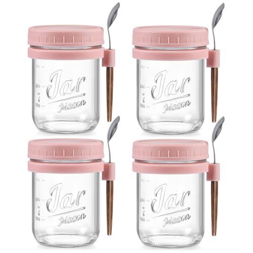 LANDNEOO 4 Pack Overnight Oats Containers with Lids and Spoons, 16 oz Glass Mason Jars with Airtight Lids, Overnight Oats Jars for Milk, Cereal, Fruit-Pink - color: Pink