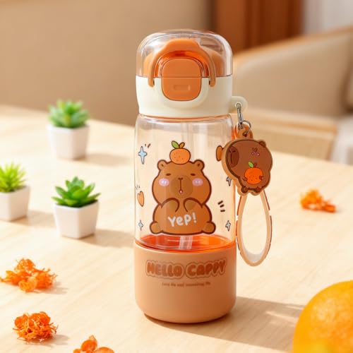 Lebaley Capybara Water Bottle with Lid Keychain - 420ml/15oz Cute Water Bottles with Straw and Leak Proof Locking Lid, Bpa-free Plastic Girl Water Bottle Outdoor Sports Waterbottle Capybara Stuff - size: B-420ml/15oz