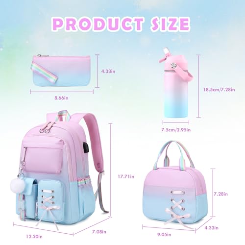 ACESAK Kids School Backpack for Girls, 4-In-1 Bookbag Backpack Set with 14OZ Insulated Kids Water Bottle (Pink Blue) - color: Pink-to-blue Gradient