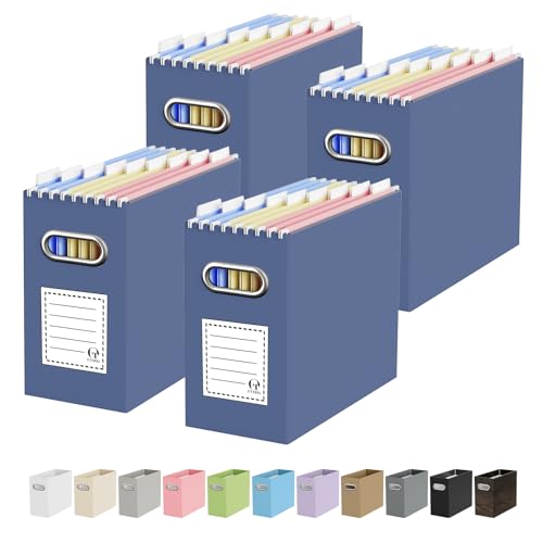 Oterri Portable Collapsible Cardboard File Box with Handle for Letter-Size | 4-Pack. Stainless Steel Handle. Label Stickers Included. Fits Letter Folders (Not Included). Home, Office, School, Dorm, Tax. - color: Navy, size: Letter Size - 4 Packs