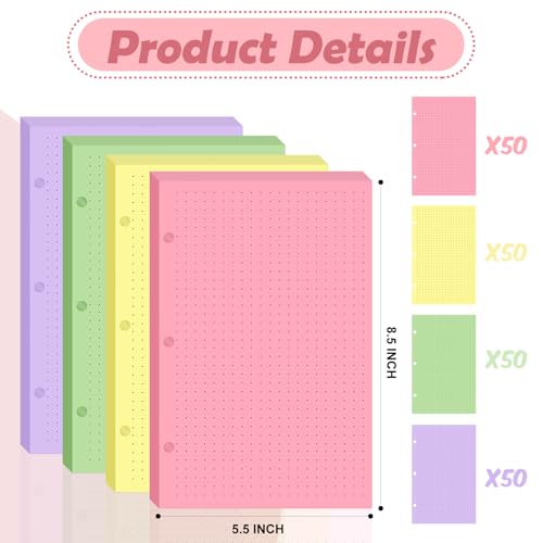 200 sheet Half Letter Dotted Refill Paper 3 Hole Punch 5-1/2 x 8-1/2 College Ruled Dot Grid Paper Refill Colored Mini Binder Paper Planner Inserts Fits Mini 3 Ring Binder Refills Office - style: Dotted
