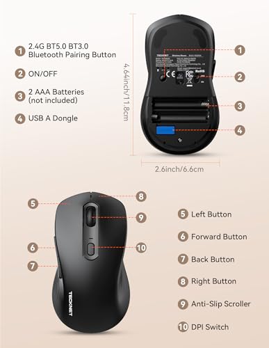 TECKNET Bluetooth Mouse, [ USB + BT1 + BT2 ] Wireless Mouse for Laptop, Silent Click, Ergonomic Design, 4800 DPI Computer Mice Wireless, Dual Mode for Laptop, Computer, iPad, MacBook - color: Black