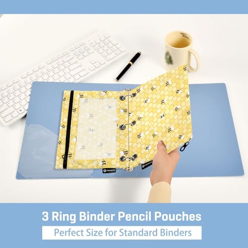 Bees Honeycomb Yellow Pencil Pouch for 3 Ring Binder 2 Pcs Binder Pouches with Zipper Pocket Pencil Case Bag with Clear Window for Office Work School Supplies - color: Bees Honeycomb Yellow