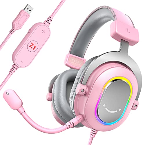 FIFINE PC Gaming Headset, USB Wired Headset with Microphone, 7.1 Surround Sound, in-Line Control, Computer RGB Over-Ear Headphones for PS4/PS5, for Streaming/Game Voice/Video-AmpliGame H6 (Pink) - color: Pink