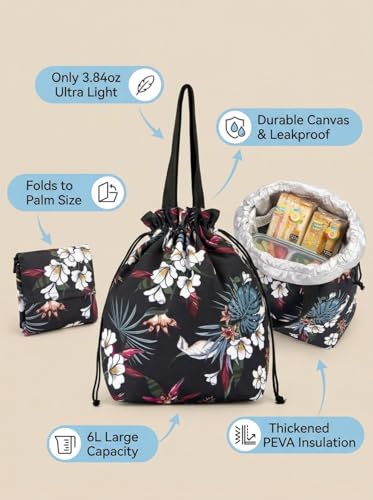 Double-Handle Lunch Bag, Insulated Waterproof Reusable Tote for Women/Students, Fits 2 Bento Boxes + Water Bottle - Ideal for School/Office/Picnic(European Lily) - color: European Lily