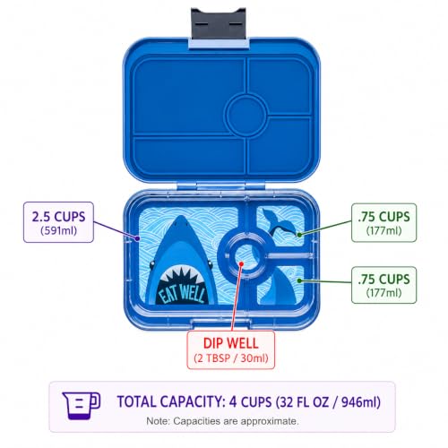 Yumbox Tapas Leakproof Bento Box, 4 Compartments, Monte Carlo Blue | Sandwich-Friendly| Large 4.2-Cup Capacity | Removable Compartment Tray | Easy-Open Single Latch | Wrap & Bagel Friendly - color: Deep Blue Shark
