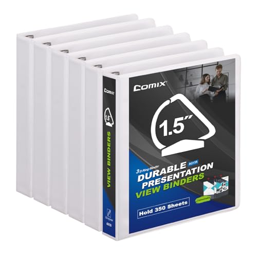 COMIX Sturdy 1.5 Inch D-Ring 3 Ring Binder with Clear View Cover | 1.5"Heavy Duty D-Ring,PVC-Free 2.4mm Board,Holds 350 Letter Sheets,Commercial Bulk for Corporate Offices,6 Pack (White) - color: White, size: 1.5-Inch, style: 6 Pack