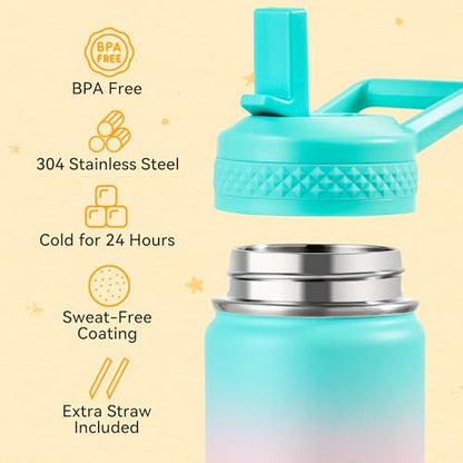 Fijinhom 12 oz Toddler Bottle, 2 Pack Kids Water Bottle for School Boys & Girls with Straws Lids, 304 Stainless Steel Vacuum Insulated Thermos, BPA-Free, Aurora + Sunrise - color: AA.Aurora & Sunrise