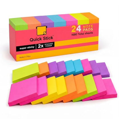 Sticky Notes, 24 Pads, 1680 Sheets Total, 3x3 in Bright Neon Colors, 2X Super Sticky Self-Stick Note Pads for Office, School, Home, Bulk Pack 70 Sheets Per Pad, Strong Hold Memo Notes