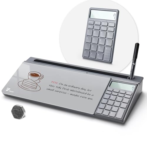 TOWON Glass Desk Whiteboard with Calculator 18x6 in, Desk Organizer, Gray | Desktop whiteboard with 12-digit LCD calculator. Storage for office, home, school. Glass dry erase with accessories. - color: Cal Gray