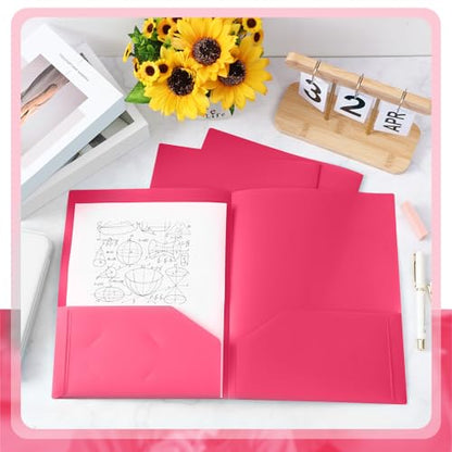 Gueevin 50 Pcs Plastic Folders with Pockets, Back to School Two Pocket Folder Fit Letter Size, Heavy Duty School Business Card Holder for Home Office, 11. 61 x 9. 45 Inches (Rose Pink) - color: Rose Pink