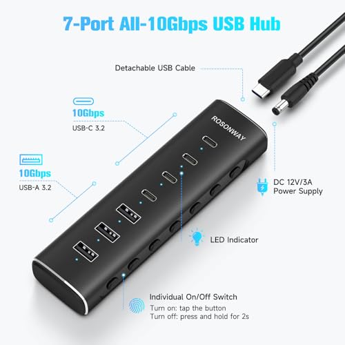 Rosonway 7 Ports Powered USB 3.2/USB C Hub 10Gbps with 4 USB-C 3.2, 3 USB-A 3.2 Ports, 3.3ft Cable and 36W(12V/3A) Power Adapter, Aluminum USB Splitter for Laptop, RSH-H7C4 - size: 7-Port Powered USB Hub