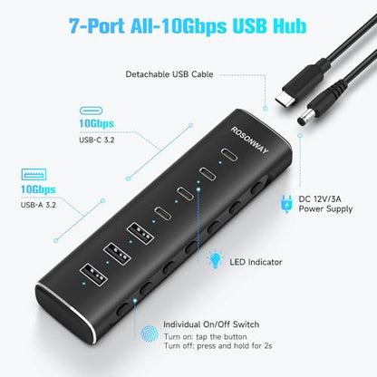 Rosonway 7 Ports Powered USB 3.2/USB C Hub 10Gbps with 4 USB-C 3.2, 3 USB-A 3.2 Ports, 3.3ft Cable and 36W(12V/3A) Power Adapter, Aluminum USB Splitter for Laptop, RSH-H7C4 - size: 7-Port Powered USB Hub