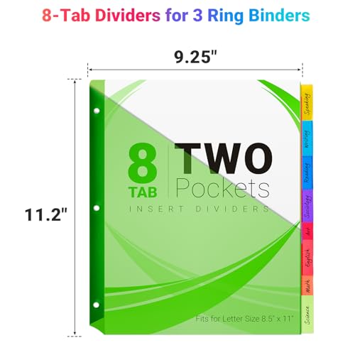 8-Tab Dividers for 3-Ring Binders, 16 Counts 3 Holes Index Dividers with 2 Pockets, Insertable 8 Tabs Binder Divider for 0.5''/1''/2''/3'' Inch Binders, 8 Colors