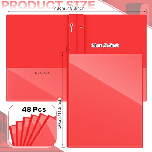 Henoyso 48 Pcs Plastic Folders with Clear Front Pocket and 3 Prong Take Home Plastic 2 Pocket Folder Back to School for Students Parent Teacher Communication for School Office (Red) - color: Red