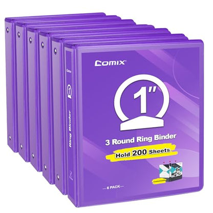 COMIX 3 Ring Binder 1 inch with Clear View Cover, 1" View Binder Holds 200 Sheets of US Letter Size Paper, 6 Pack (Purple) - color: Purple, size: 1 inch, style: 6-Pack